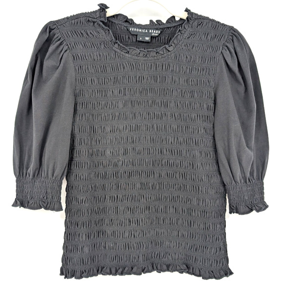 Veronica Beard Langston Smocked Puff Sleeve Ruffle Top Small Black Coquette Prep - Picture 4 of 12